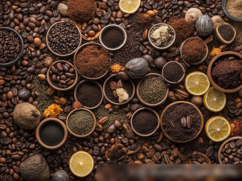 Крупный план разнообразных сортов листового чая и кофейных зерен - Пример 4