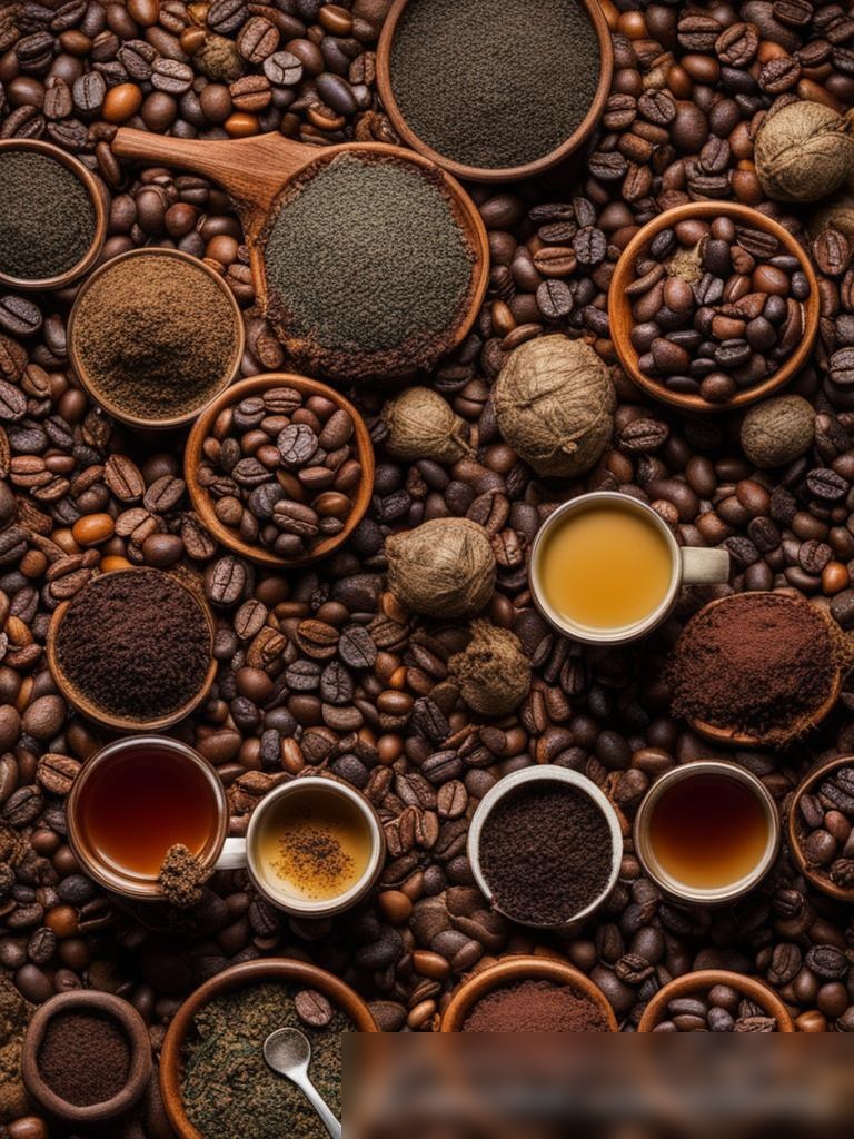 Крупный план разнообразных сортов листового чая и кофейных зерен - Пример 5