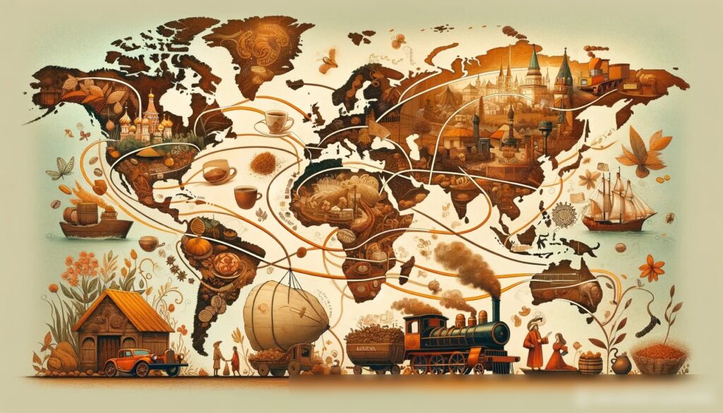 Концептуальное изображение, представляющее глобальное путешествие чая и кофе в Россию - Пример 2
