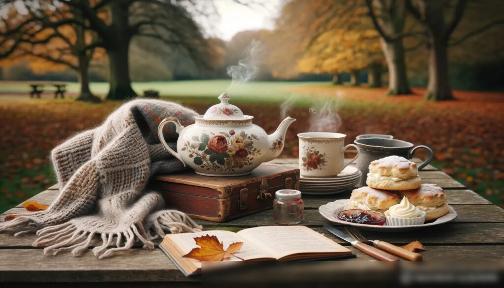 Осенняя сцена на деревянном пикниковом столе - Пример 1