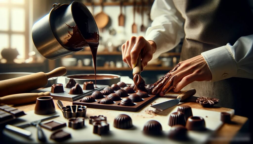 Крупный план рук шоколатье, тщательно изготавливающего артизанальные шоколадные изделия в небольшой мастерской - Пример 1