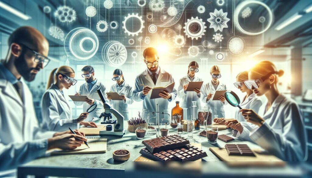 Динамичное изображение процесса дегустации и контроля качества шоколада в лабораторных условиях с участием разнообразной команды экспертов - Пример 1