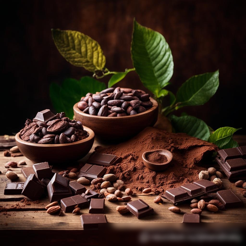 Художественное изображение сырых какао-бобов и шоколадных изделий, артистично расположенных на старинном деревянном столе - Пример 3