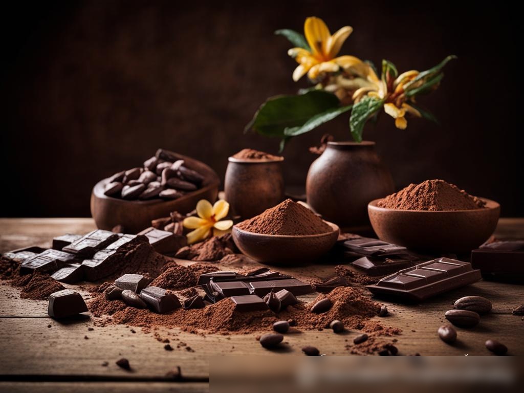 Художественное изображение сырых какао-бобов и шоколадных изделий, артистично расположенных на старинном деревянном столе - Пример 4