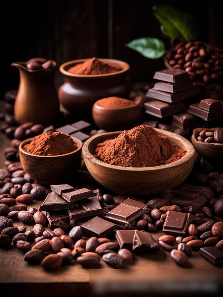 Художественное изображение сырых какао-бобов и шоколадных изделий, артистично расположенных на старинном деревянном столе - Пример 5