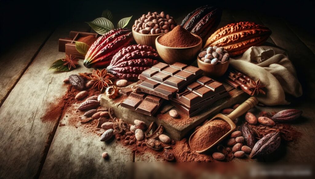 Художественное изображение сырых какао-бобов и шоколадных изделий, артистично расположенных на старинном деревянном столе - Пример 1