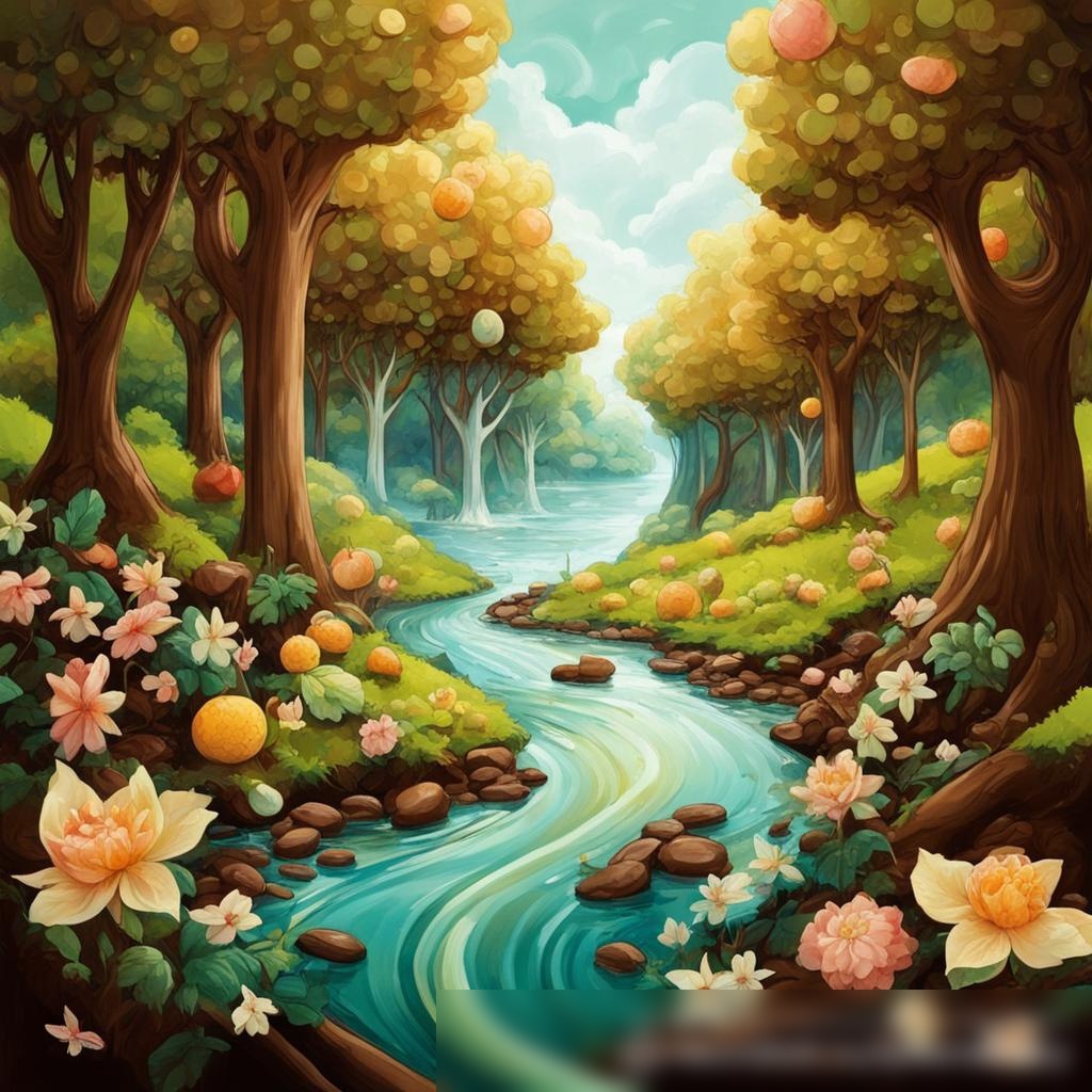 Капризное, фантазийное изображение шоколадной реки, протекающей через пышный, зеленый лес - Пример 3