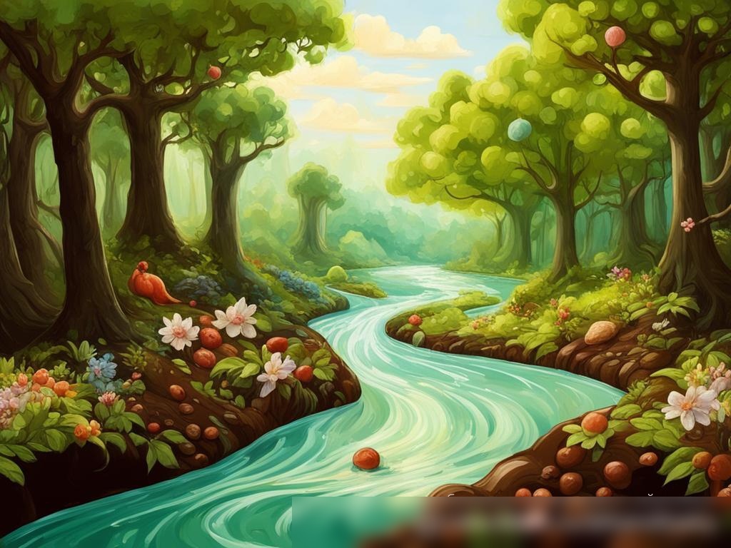 Капризное, фантазийное изображение шоколадной реки, протекающей через пышный, зеленый лес - Пример 4