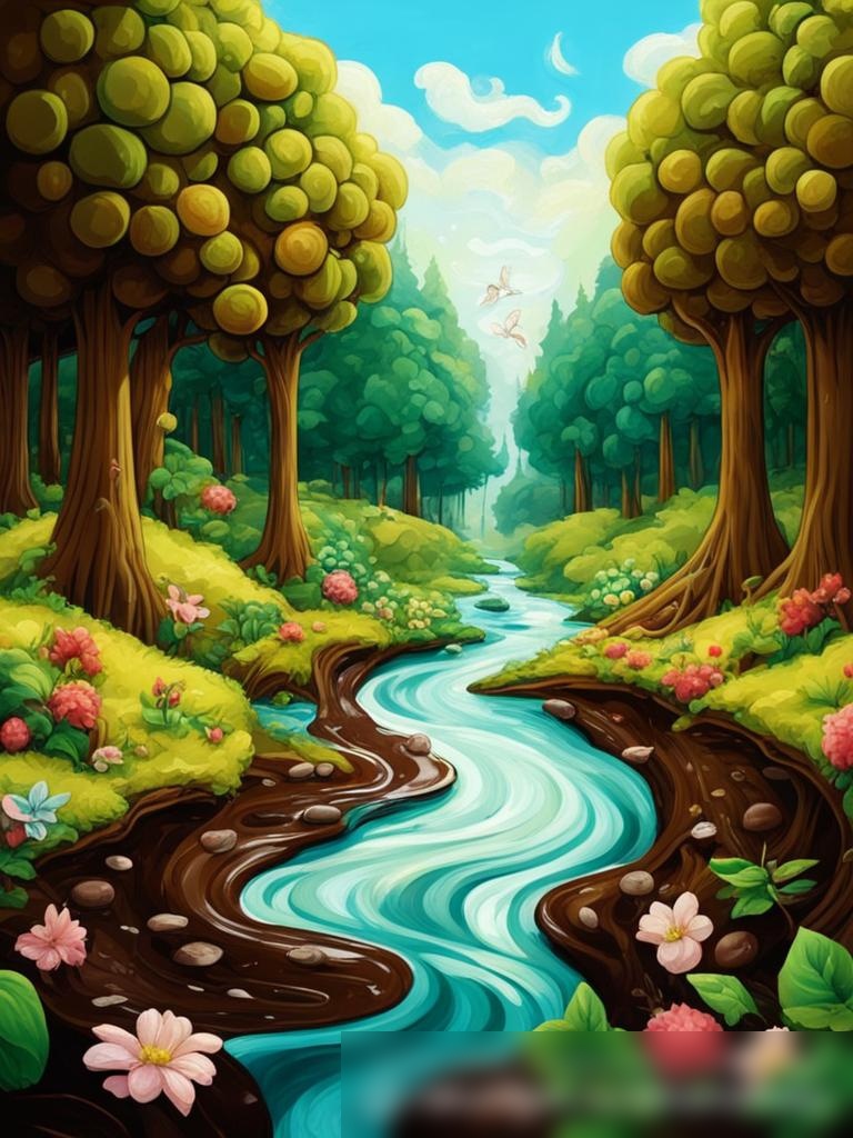 Капризное, фантазийное изображение шоколадной реки, протекающей через пышный, зеленый лес - Пример 5