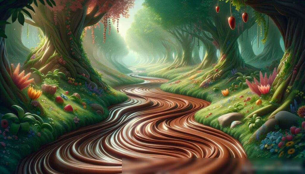 Капризное, фантазийное изображение шоколадной реки, протекающей через пышный, зеленый лес - Пример 1