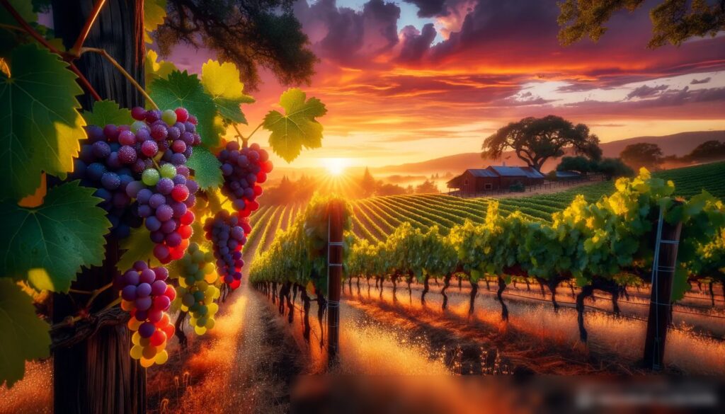 Пышный виноградник на закате, с рядами виноградных лоз, простирающимися к горизонту под ярким оранжево-фиолетовым небом - Пример 2