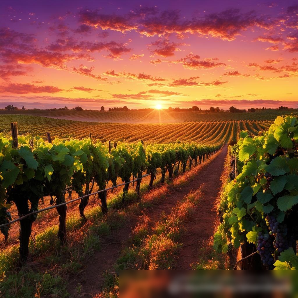 Пышный виноградник на закате, с рядами виноградных лоз, простирающимися к горизонту под ярким оранжево-фиолетовым небом - Пример 3