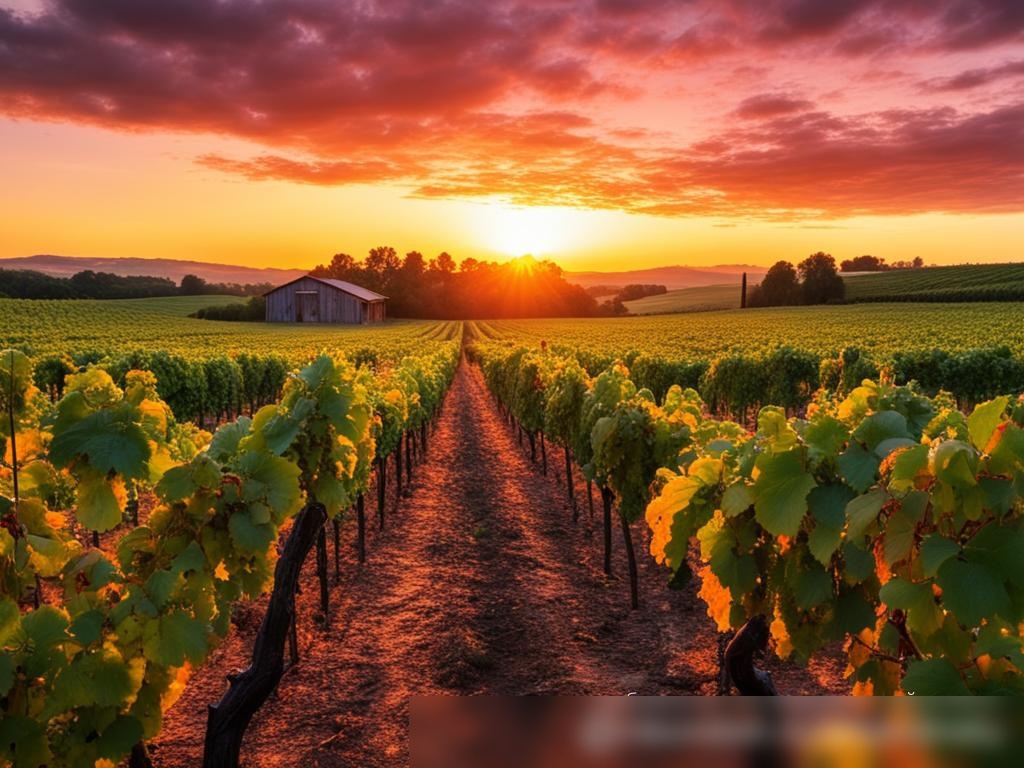 Пышный виноградник на закате, с рядами виноградных лоз, простирающимися к горизонту под ярким оранжево-фиолетовым небом - Пример 4