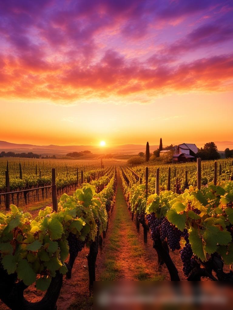 Пышный виноградник на закате, с рядами виноградных лоз, простирающимися к горизонту под ярким оранжево-фиолетовым небом - Пример 5