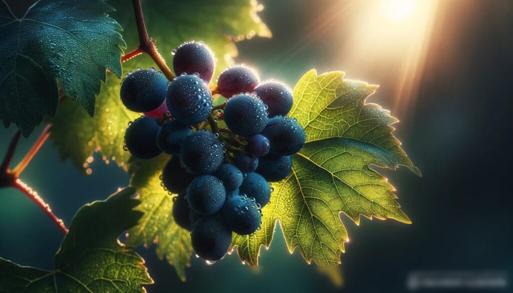 Крупный план связки темно-фиолетового винограда, сияющего водяными каплями, на фоне размытых зеленых листьев и мягкого солнечного света - Пример 2