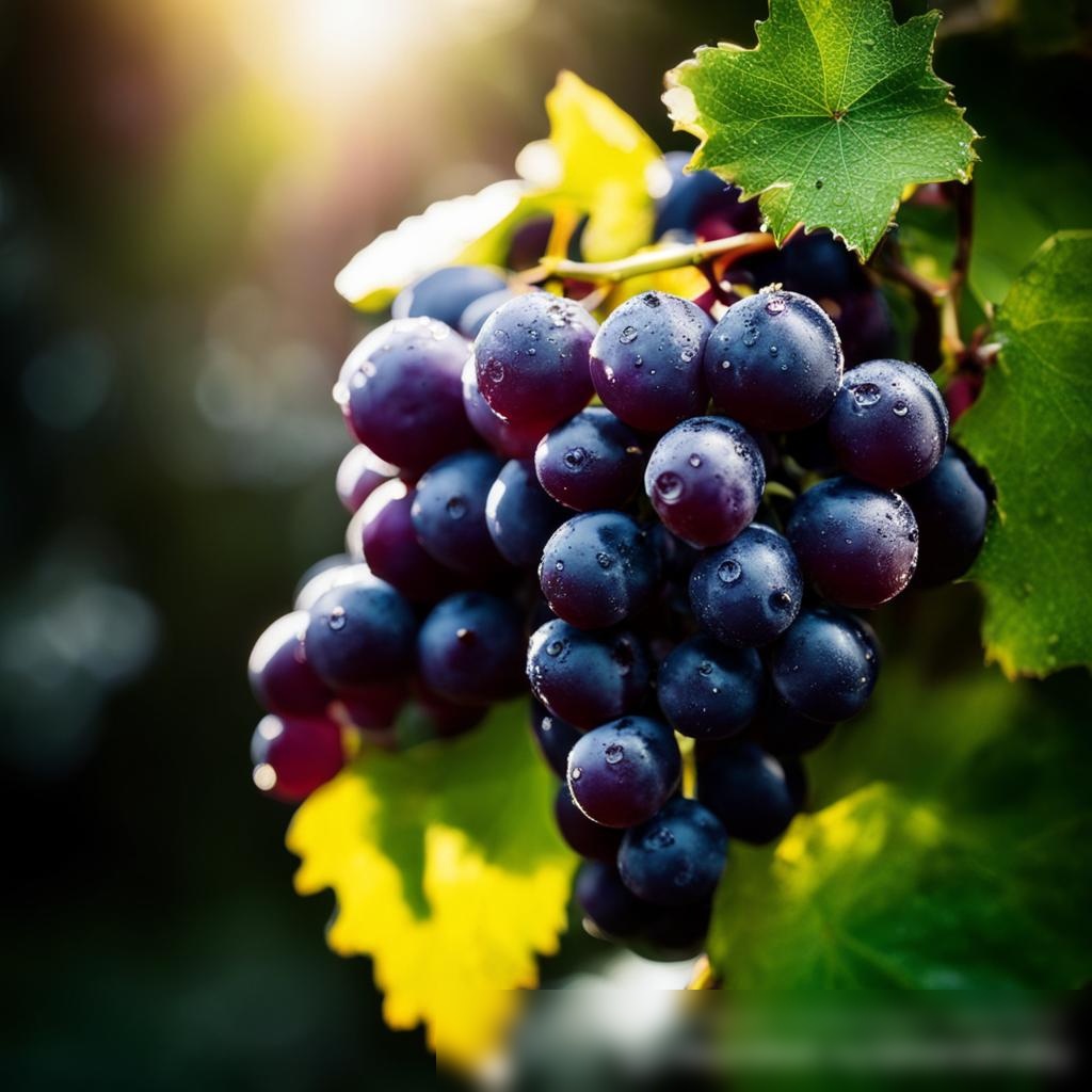 Крупный план связки темно-фиолетового винограда, сияющего водяными каплями, на фоне размытых зеленых листьев и мягкого солнечного света - Пример 3