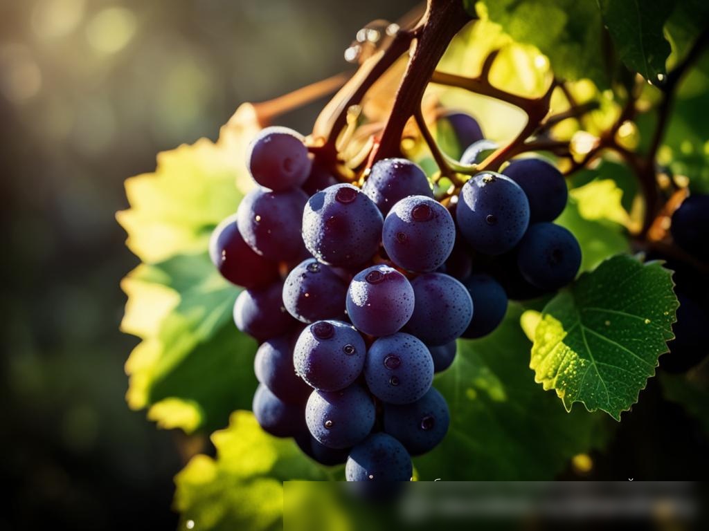 Крупный план связки темно-фиолетового винограда, сияющего водяными каплями, на фоне размытых зеленых листьев и мягкого солнечного света - Пример 4