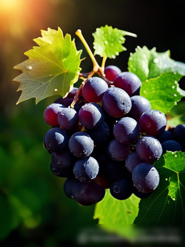 Крупный план связки темно-фиолетового винограда, сияющего водяными каплями, на фоне размытых зеленых листьев и мягкого солнечного света - Пример 5
