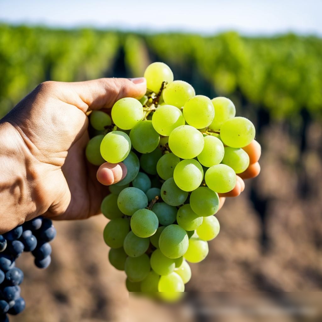 Рука нежно держит связку свежих зелёных виноградин на фоне виноградника - Пример 3