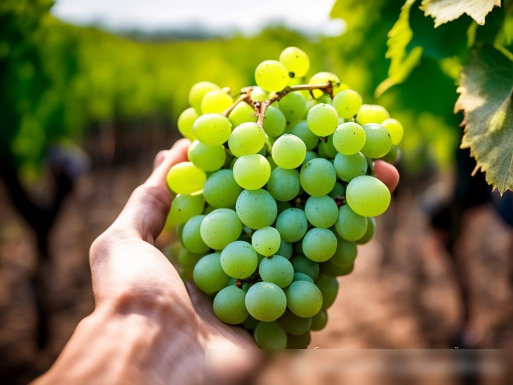 Рука нежно держит связку свежих зелёных виноградин на фоне виноградника - Пример 4