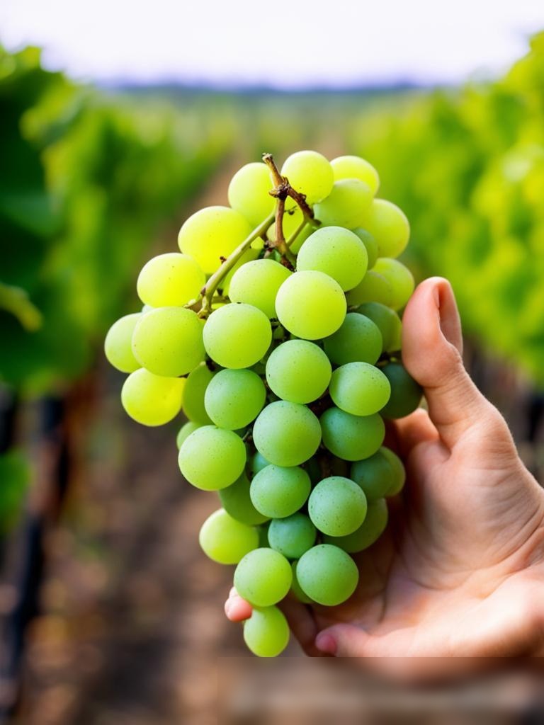 Рука нежно держит связку свежих зелёных виноградин на фоне виноградника - Пример 5