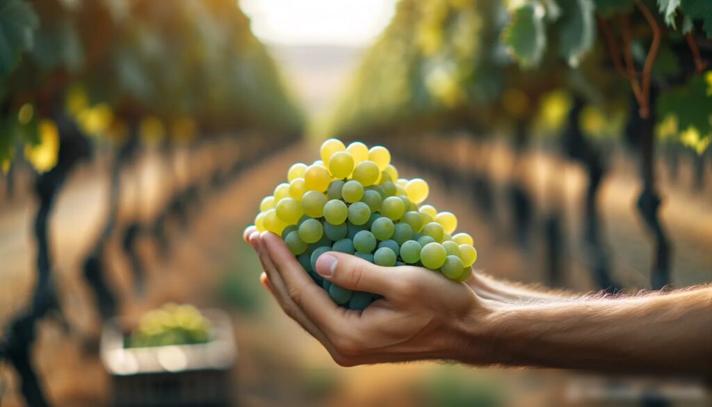 Рука нежно держит связку свежих зелёных виноградин на фоне виноградника - Пример 1