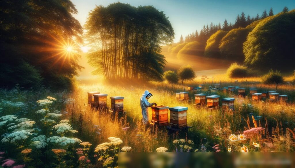 Утренний покой на лугу, где пчеловод в защитном костюме собирает мед - Пример 2