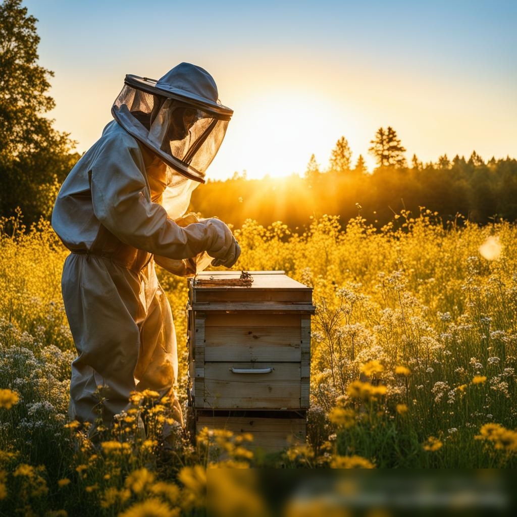 Утренний покой на лугу, где пчеловод в защитном костюме собирает мед - Пример 3