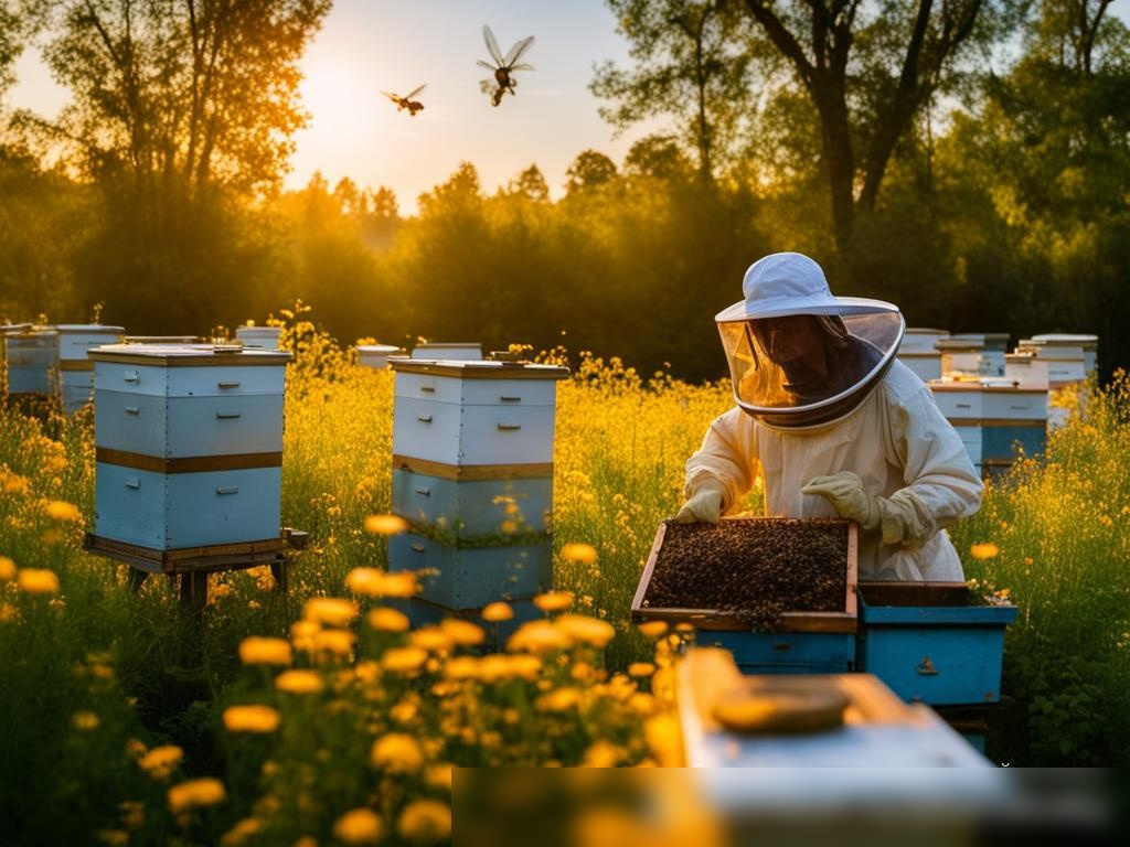 Утренний покой на лугу, где пчеловод в защитном костюме собирает мед - Пример 4