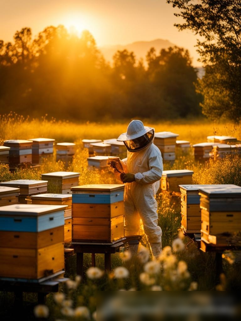 Утренний покой на лугу, где пчеловод в защитном костюме собирает мед - Пример 5