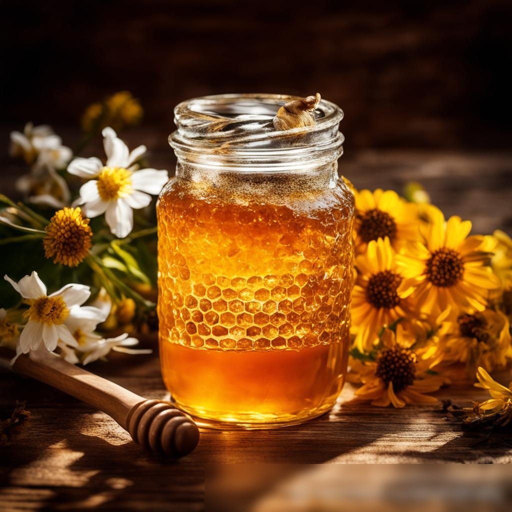 Крупным планом стеклянный баночка с золотистым медом на старинном деревянном столе - Пример 3