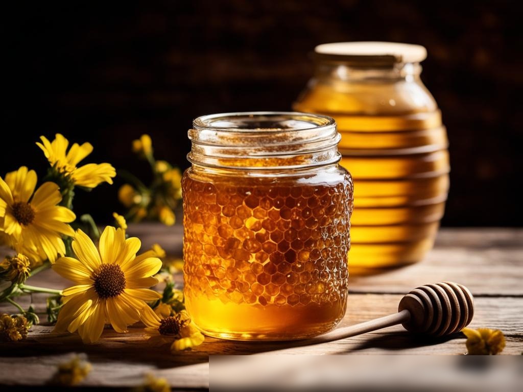 Крупным планом стеклянный баночка с золотистым медом на старинном деревянном столе - Пример 4