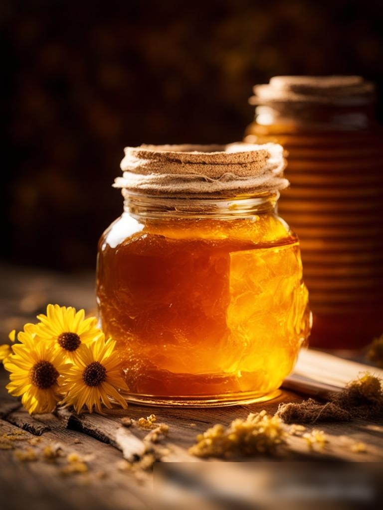 Крупным планом стеклянный баночка с золотистым медом на старинном деревянном столе - Пример 5