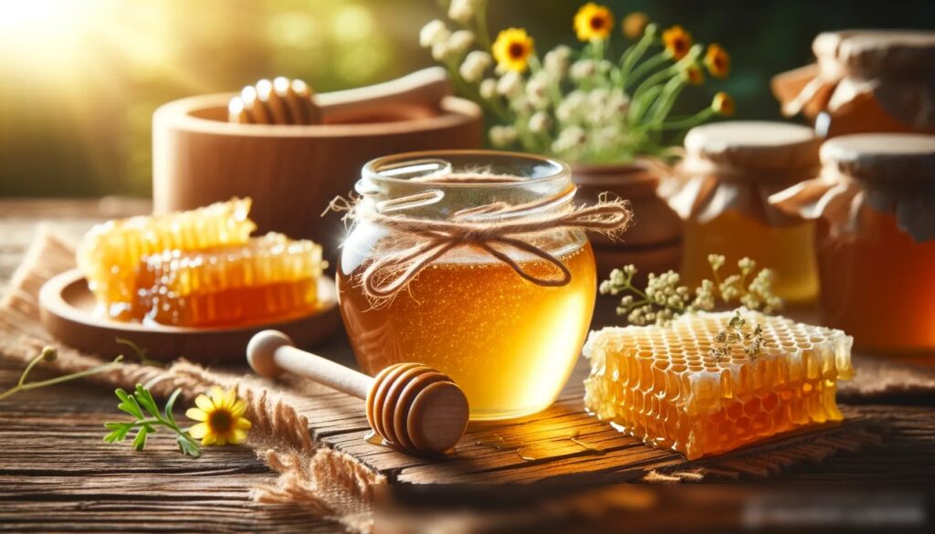 Крупным планом стеклянный баночка с золотистым медом на старинном деревянном столе - Пример 1