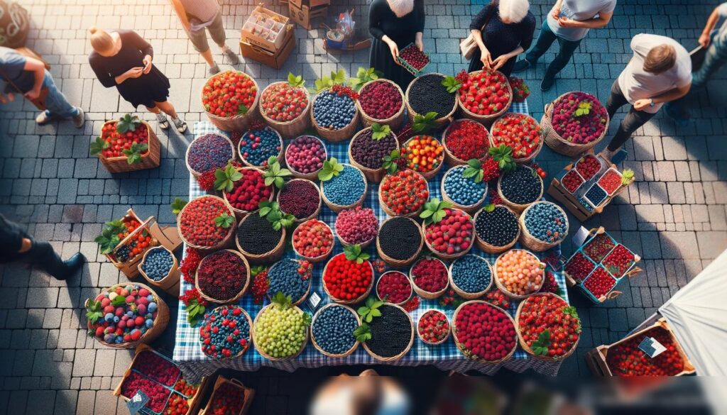 Вид сверху на прилавок на рынке, полный корзин с ягодами - Пример 2