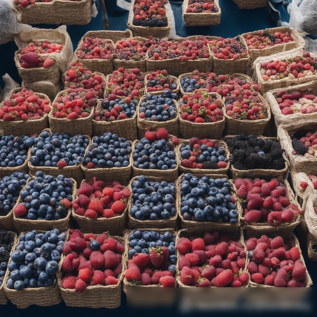 Вид сверху на прилавок на рынке, полный корзин с ягодами - Пример 3