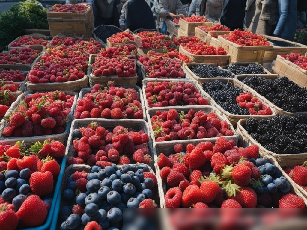 Вид сверху на прилавок на рынке, полный корзин с ягодами - Пример 4