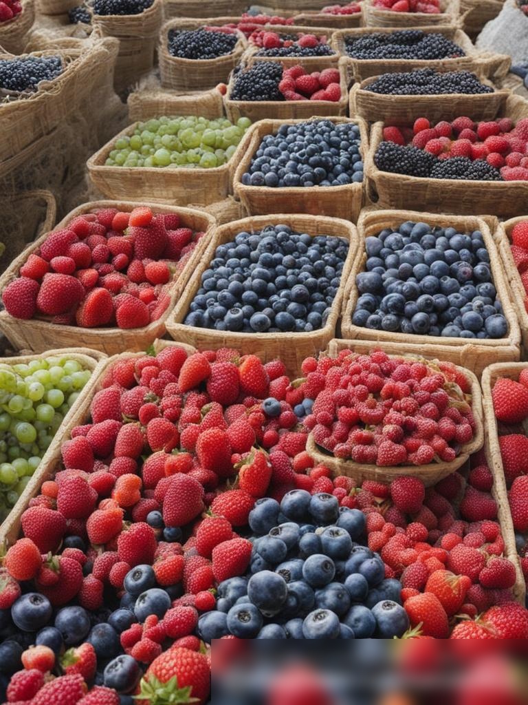 Вид сверху на прилавок на рынке, полный корзин с ягодами - Пример 5