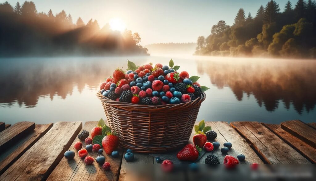 Корзина с ягодами на старом деревянном пирсе с видом на озеро - Пример 2