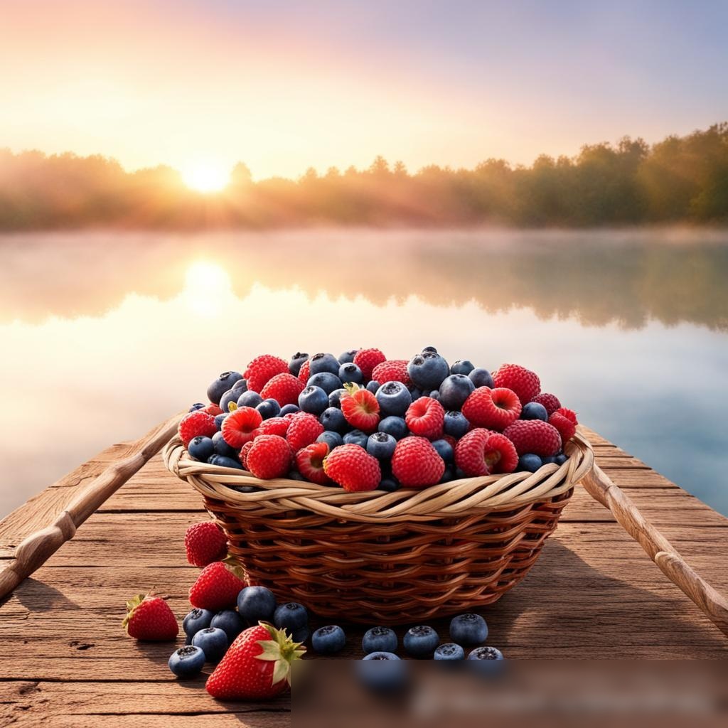 Корзина с ягодами на старом деревянном пирсе с видом на озеро - Пример 3