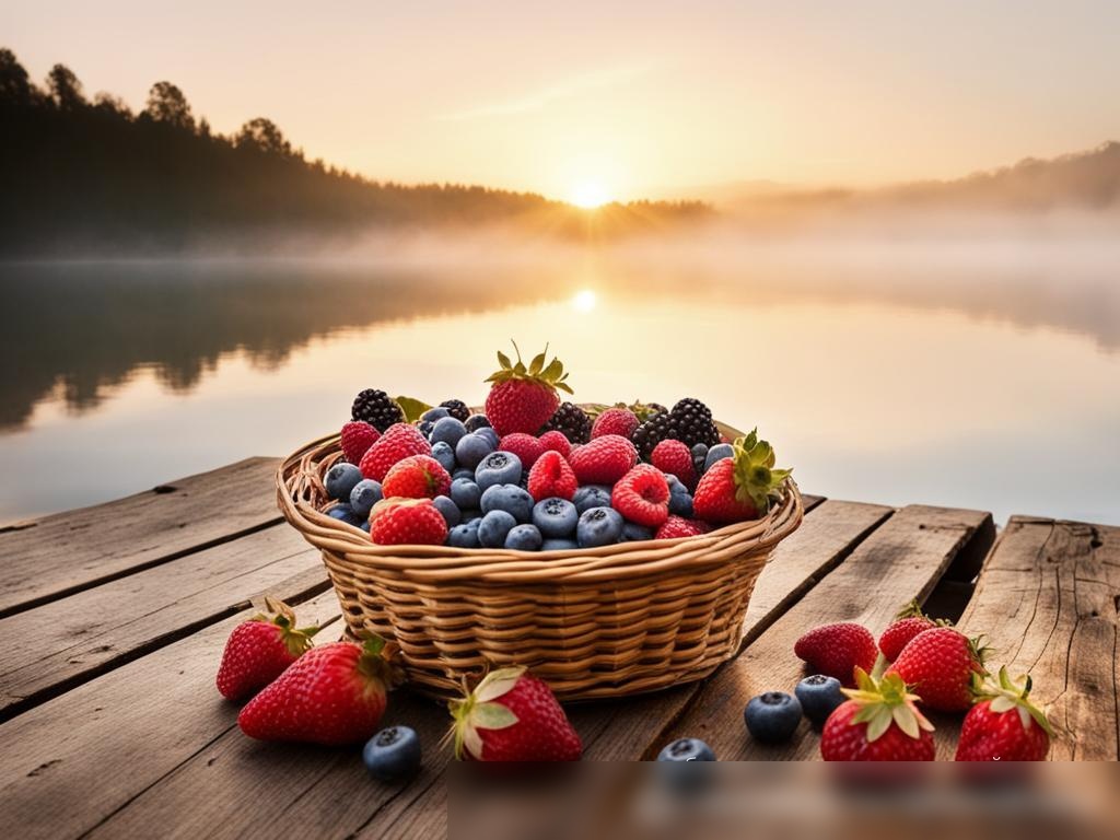 Корзина с ягодами на старом деревянном пирсе с видом на озеро - Пример 4