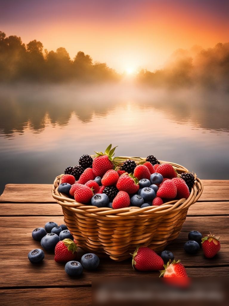 Корзина с ягодами на старом деревянном пирсе с видом на озеро - Пример 5