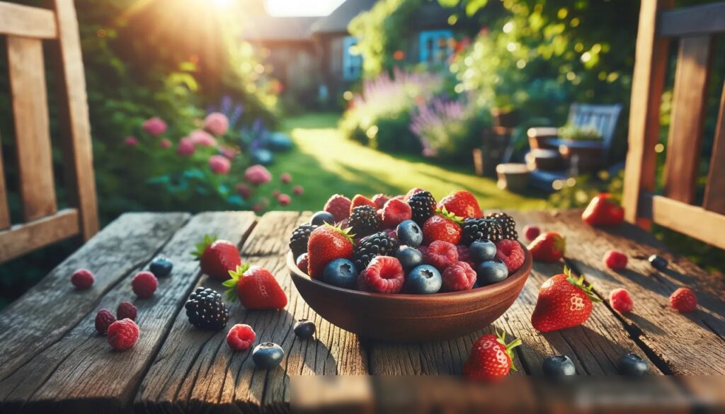 Широкоугольный вид на деревянный стол в солнечном саду, уставленный свежими ягодами - Пример 2