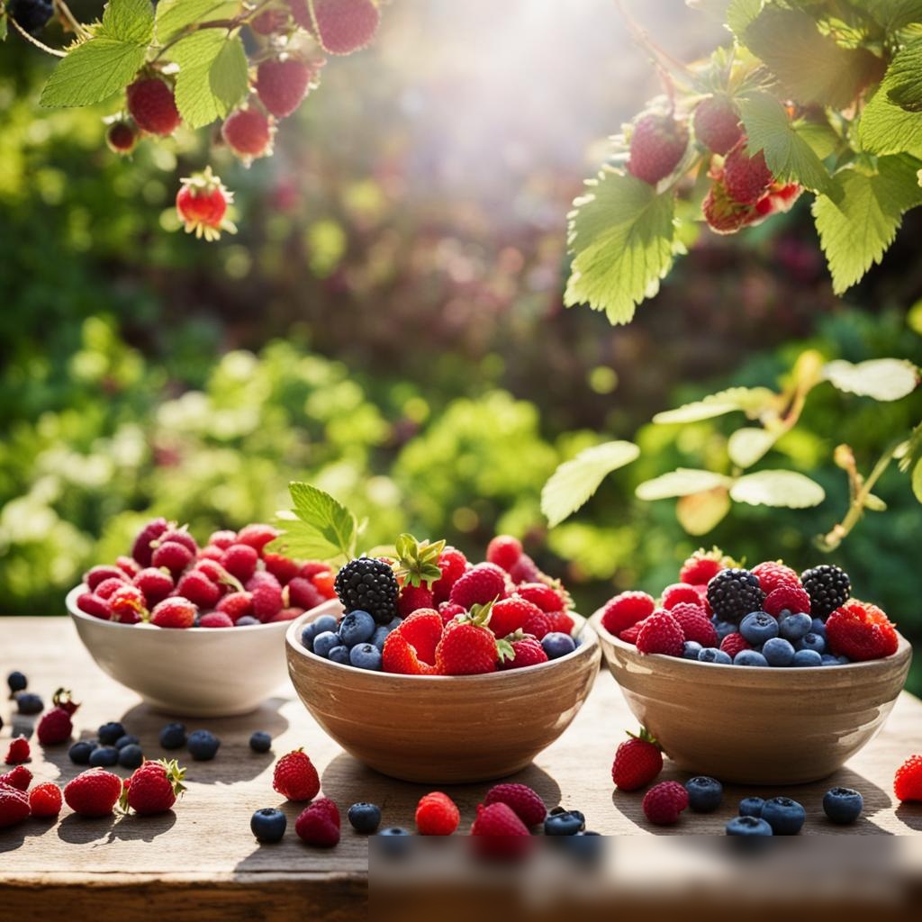 Широкоугольный вид на деревянный стол в солнечном саду, уставленный свежими ягодами - Пример 3