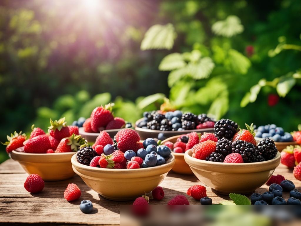 Широкоугольный вид на деревянный стол в солнечном саду, уставленный свежими ягодами - Пример 4