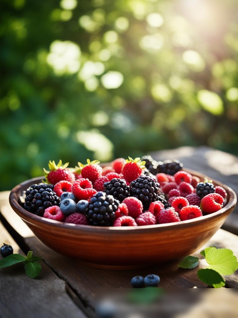 Широкоугольный вид на деревянный стол в солнечном саду, уставленный свежими ягодами - Пример 5