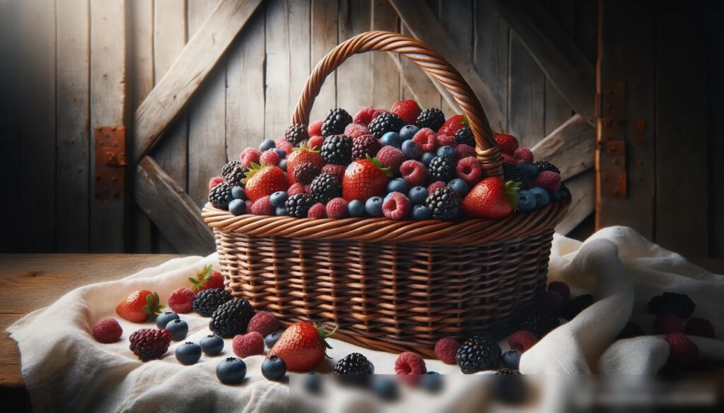 Художественная композиция свежих ягод, высыпающихся из классической плетеной корзины - Пример 2