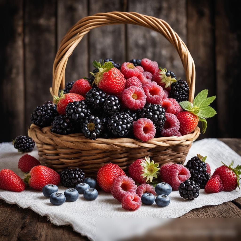 Художественная композиция свежих ягод, высыпающихся из классической плетеной корзины - Пример 3