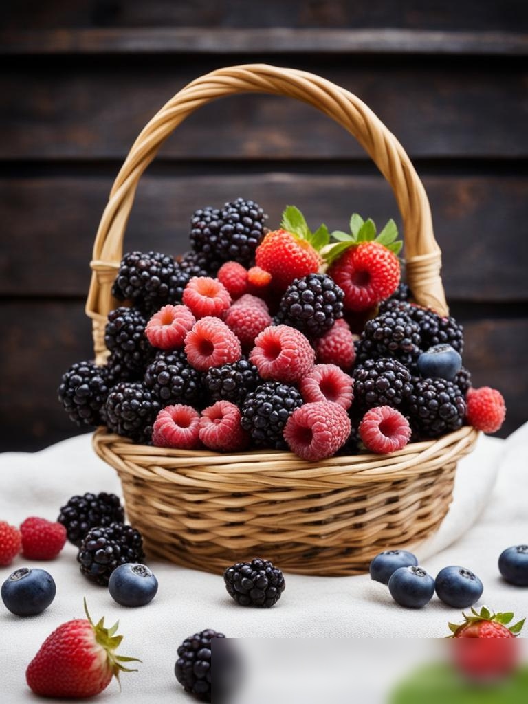 Художественная композиция свежих ягод, высыпающихся из классической плетеной корзины - Пример 5