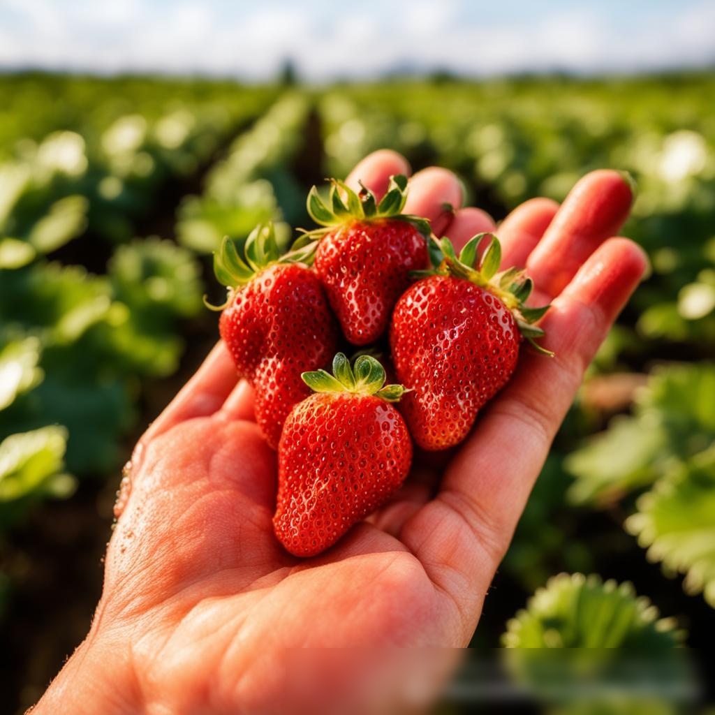 Спокойное изображение руки, держащей гроздь спелых, блестящих красных клубничек на фоне земляничного поля - Пример 3